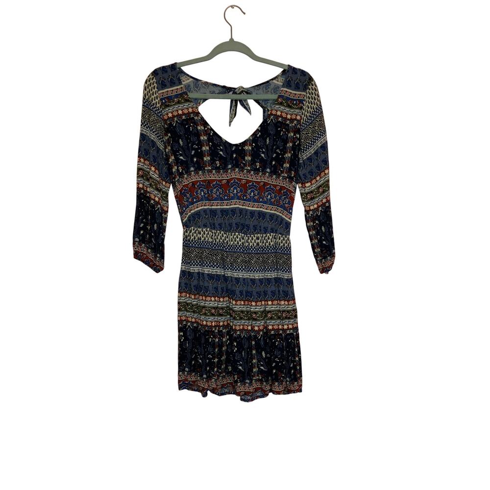 Hollister Blue Boho Mini Dress Long Sleeve Keyhole Back Size Small